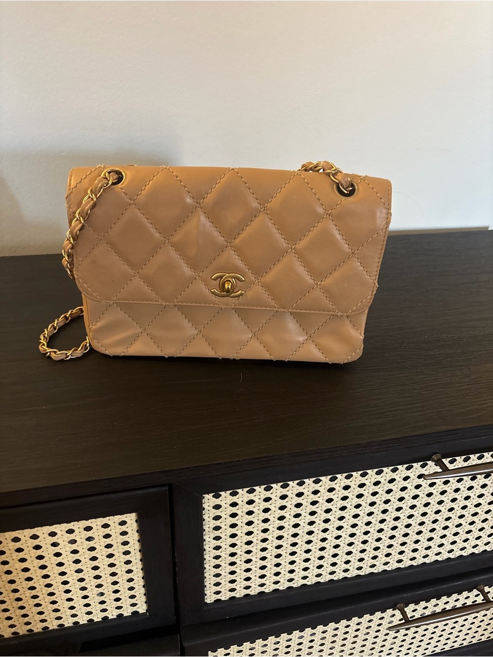 CHANEL Quilted Lambskin Shoulder Bag in Beige with Gold Hardware